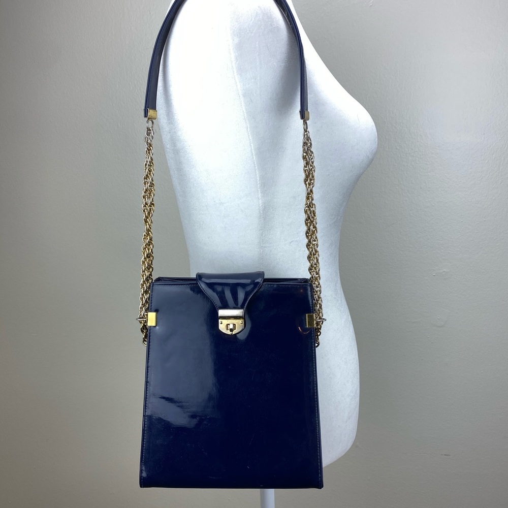1960s navy patent leather handbag by Neiman Marcus